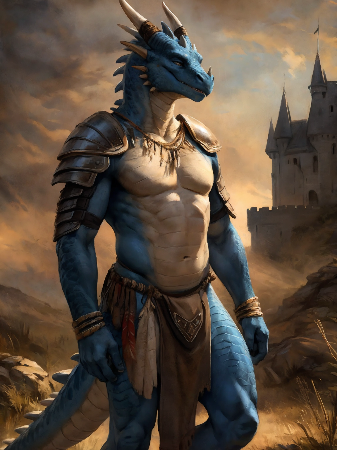 35657-2521229515-uploaded on e621, (male anthro dragon), standing, solo, muscle, detailed scale texture, old castle, (battlefield), (tribal cloth.png